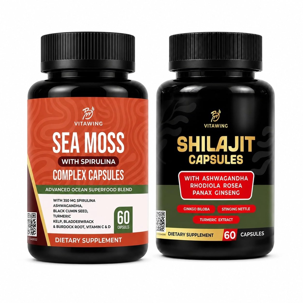 Sea Moss and Shilajit Bundle, 2 Bottle Combo with Sea Moss Complex, Spirulina, Ashwagandha, Panax Ginseng, Rhodiola and Shilajit for Men and Women, Energy and Immune Support, 60 Count