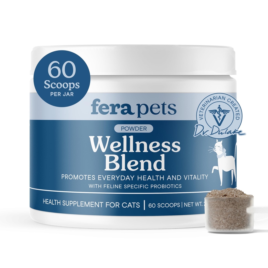 Fera Pets Cat Multivitamin - Wellness Blend with Probiotics, 60 Scoops | Cat Food Topper with Feline-Specific Probiotics, Taurine and Lysine that Promotes Joint, Immune, Heart & Bladder Health