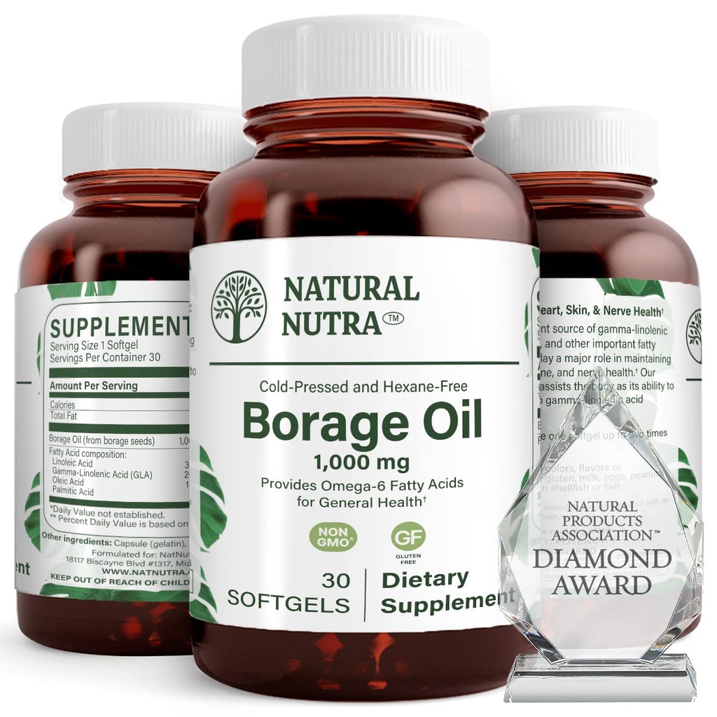 Natural Borage Oil Supplement, Omega-6 Fatty Acid, 30 Softgels | Rich in gamma-linolenic acid (GLA), Supporting Skin, Nerve, & Joint Health
