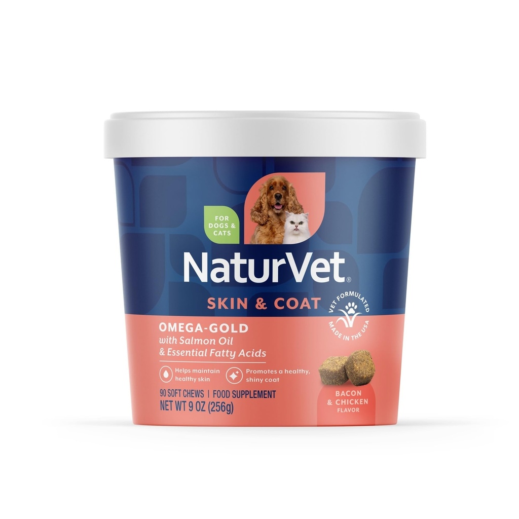 NaturVet Omega-Gold Plus Salmon Oil Skin Supplement for Pets - 90 Ct | Skin & Glossy Coat, Enhanced with DHA, EPA, Omega-3 & Omega-6, Dogs & Cats, 90 Soft Chews