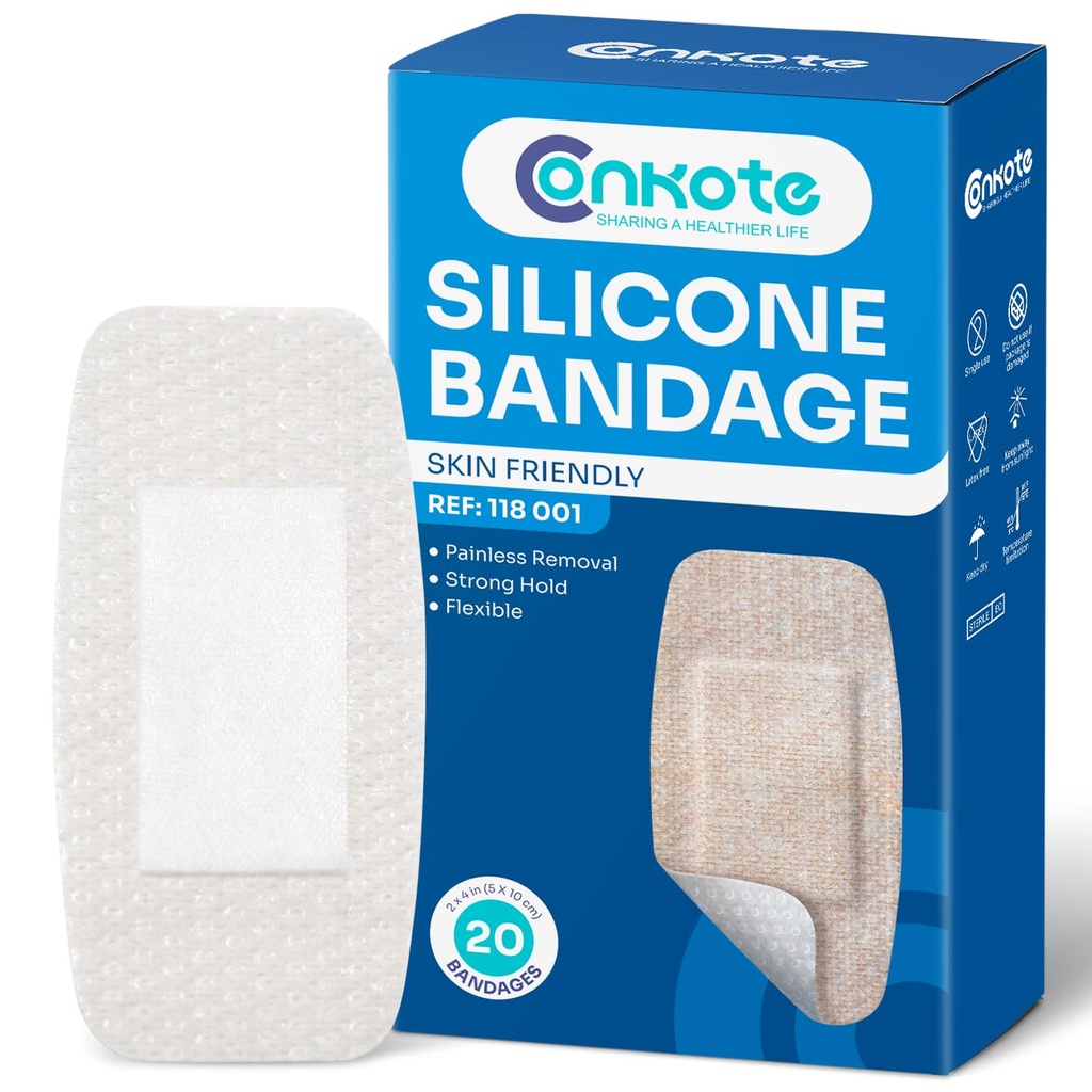 Conkote Silicone Bandages for Sensitive Skin 2"x4" Hypoallergenic Bandages | Breathable, Painless Removal
