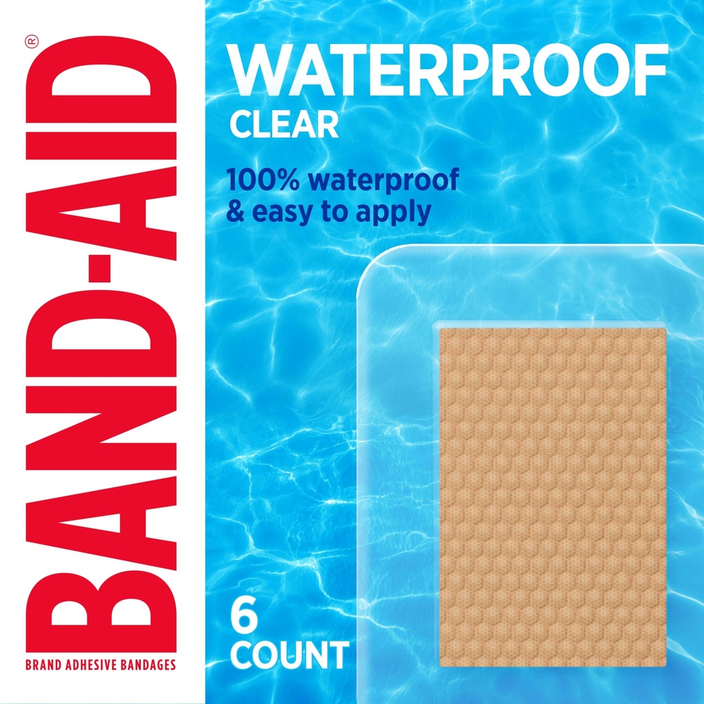BAND-AID Brand Clear Waterproof Adhesive Bandages, Jumbo Covers, 6 Count | 100% Waterproof Protection, Sterile Wound Care for Minor Cuts, Scrapes & Burns, First Aid Kit Essential, Clear Wound Covers