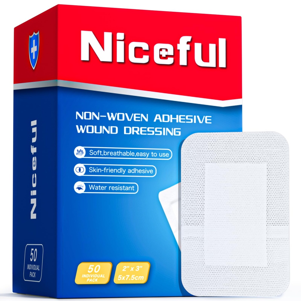 Niceful Adhesive Gauze Bandages 2"x3", 50Pcs | Large Bandages, Bordered Gauze, Sterile & Breathable, Medical Grade, First Aid Essential, for Wound and Surgical Incisions