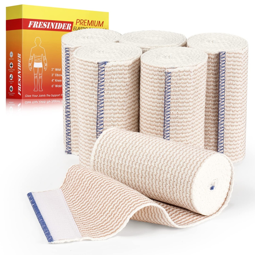 FRESINIDER Premium Elastic Bandage Wrap 4 Inch, 6 Pack, Hook and Loop | All-Purpose 4-Inch Cotton Compression Wrap for Knee, Calf and Elbow; Secure Ends for Sprains, Swelling and Sports Recovery