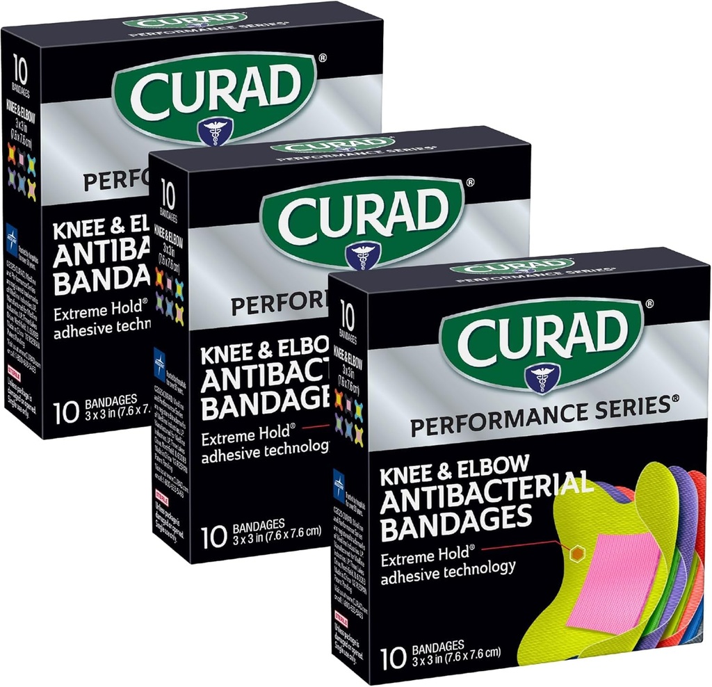 CURAD Performance Series Antibacterial Bandages, Elbows and Knees, 3" x 3", 30 Count