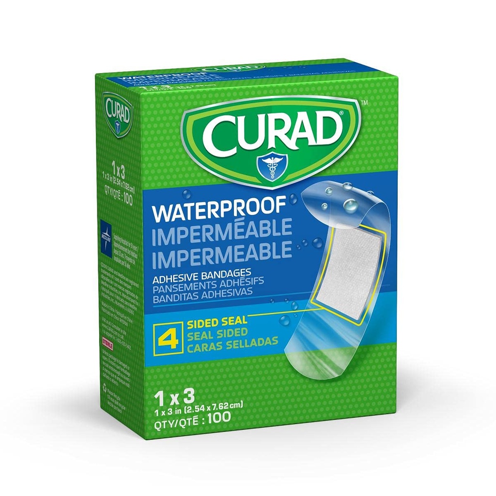 CURAD Plastic Waterproof Adhesive Bandage for First Aid, Stays on in the Pool, Holds for 12 Hours, Bandages for Fingers & Elbows, Sterile,1 x 3 Inches, 100 Count