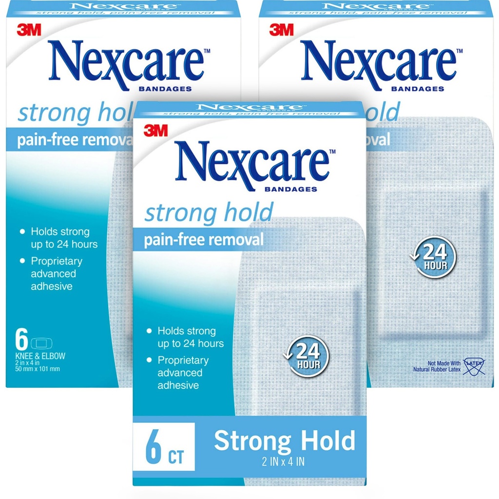 Nexcare Strong Hold Pain Free Removal Bandages for Knee and Elbow, 2 in. X 4 in., Hypoallergenic Gentle Adhesive, 24 Hour Hold, Removes Painlessly from Hair, 6 Per Box, 3-Pack (18 Total)