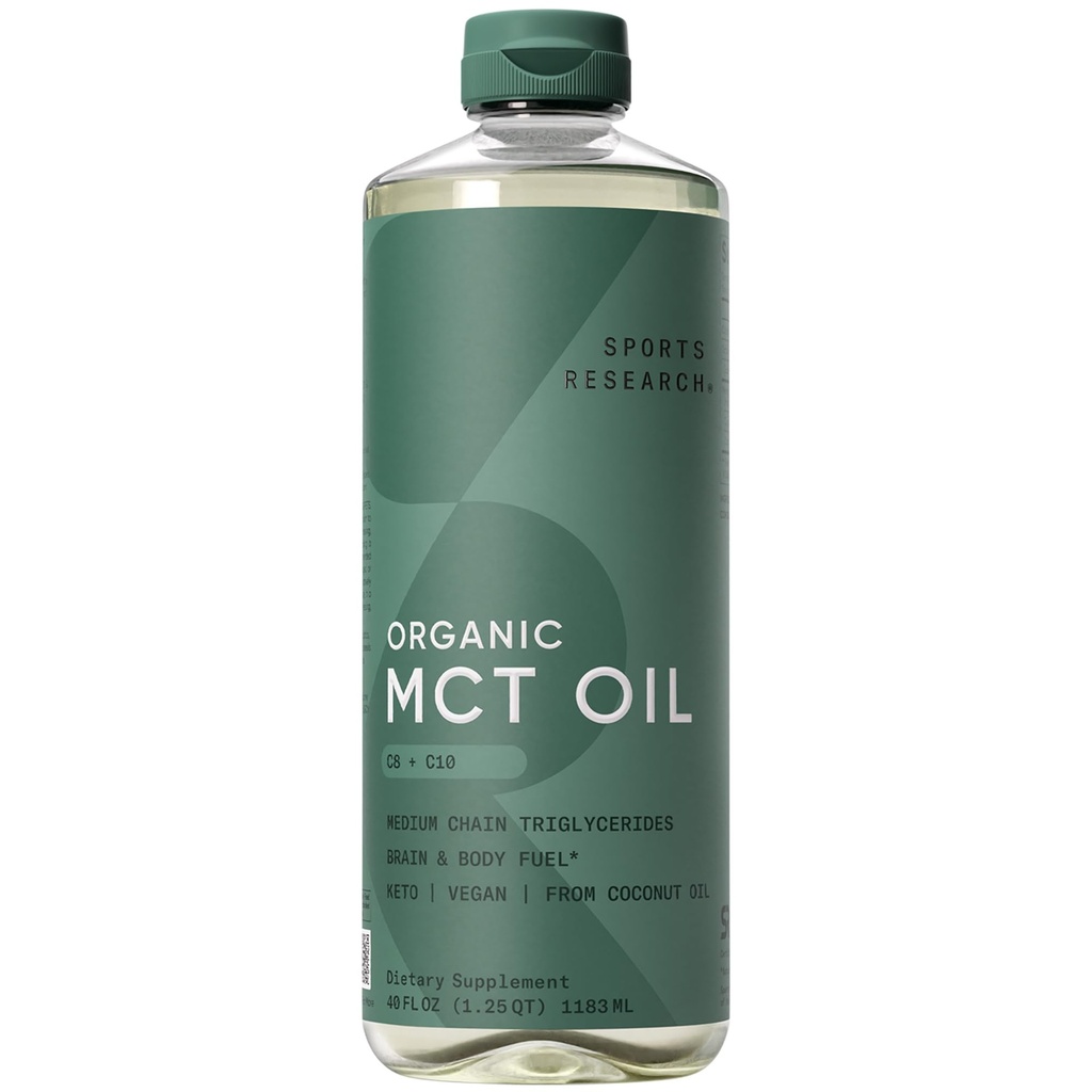 Sports Research® Organic Coconut MCT Oil C8+C10-40oz, Unflavored | Caprylic (C8) & Capric (C10) Fatty Acids | Brain & Body Fuel | Great in Keto Coffee & Protein Shakes - 79 Servings