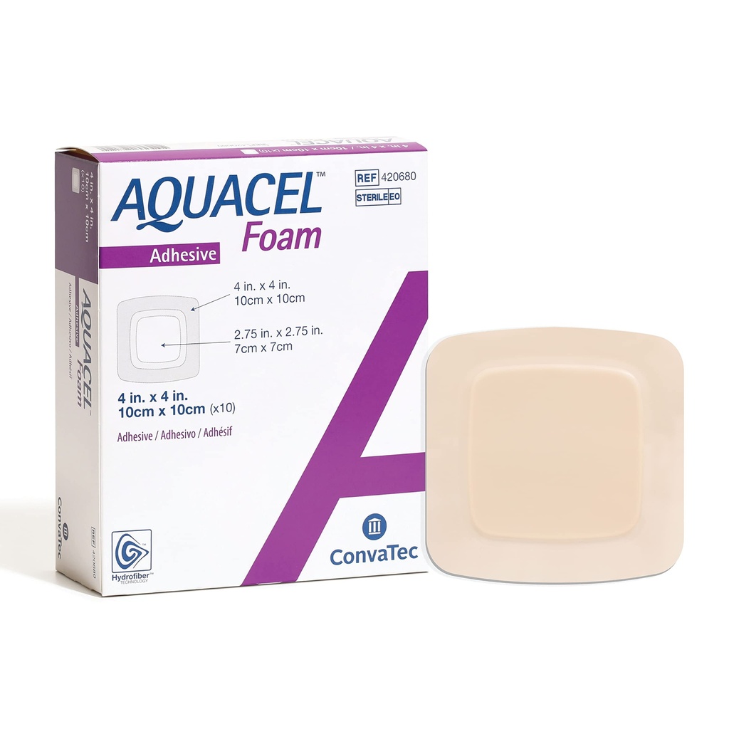 ConvaTec AQUACEL Foam 4"x4" Wound Dressing with Silicone Gel Adhesive, Waterproof, Flexible, Medical Grade with Hydrofiber Technology, Sterile, Square, 10ct Box