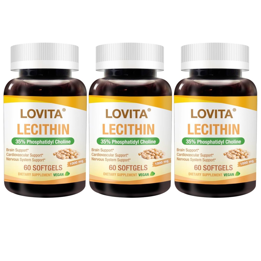 LOVITA Soy Lecithin 1000 mg, 60 Vegan Softgels, Pack of 3 | 35% Phosphatidylcholine & 55% Phospholipids, Non-GMO, Gluten-Free for Lactation, Brain, Nerve & Everyday Wellness Support