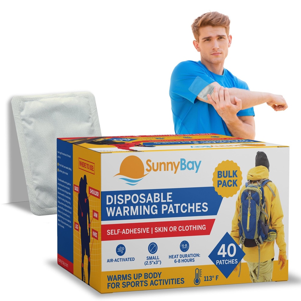 SunnyBay Adhesive Disposable Warming Patches for Back, Neck, Hand, Body, Natural Heat, Ideal for Outdoor Activities: Skiing, Hiking, Hunting, On-The-Go Heat, 2.5x3 Inches, 40 Count