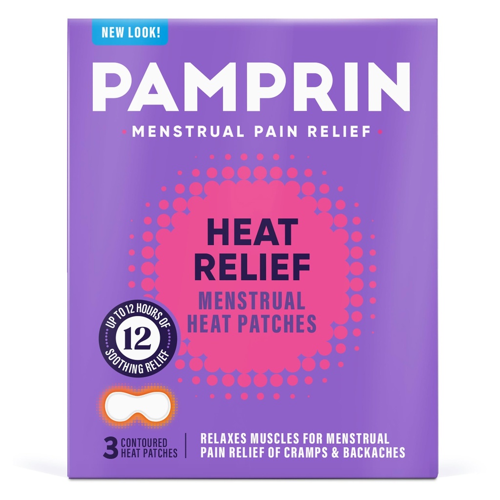 Pamprin Heat Relief Menstrual Patches for Portable Menstrual Pain Relief of Cramps and Backaches, 3 Count