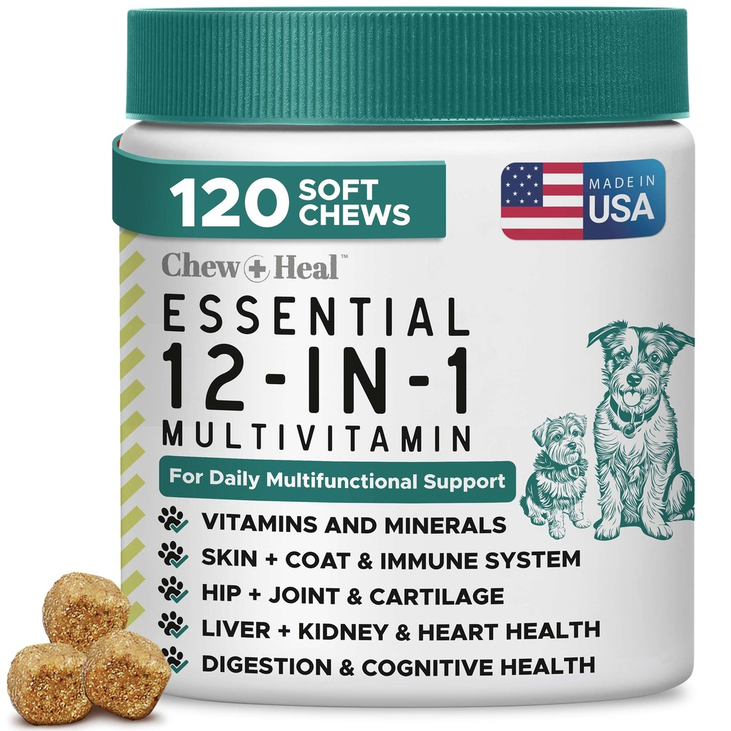 12-in-1 Dog Vitamin and Supplement Chews, 120 Ct - Senior and Puppy Vitamin | Glucosamine Chondroitin, Probiotics, Omega 3 - Hip & Joint, Skin & Coat, Immune, Digestive Support - Vitaminas Para Perros