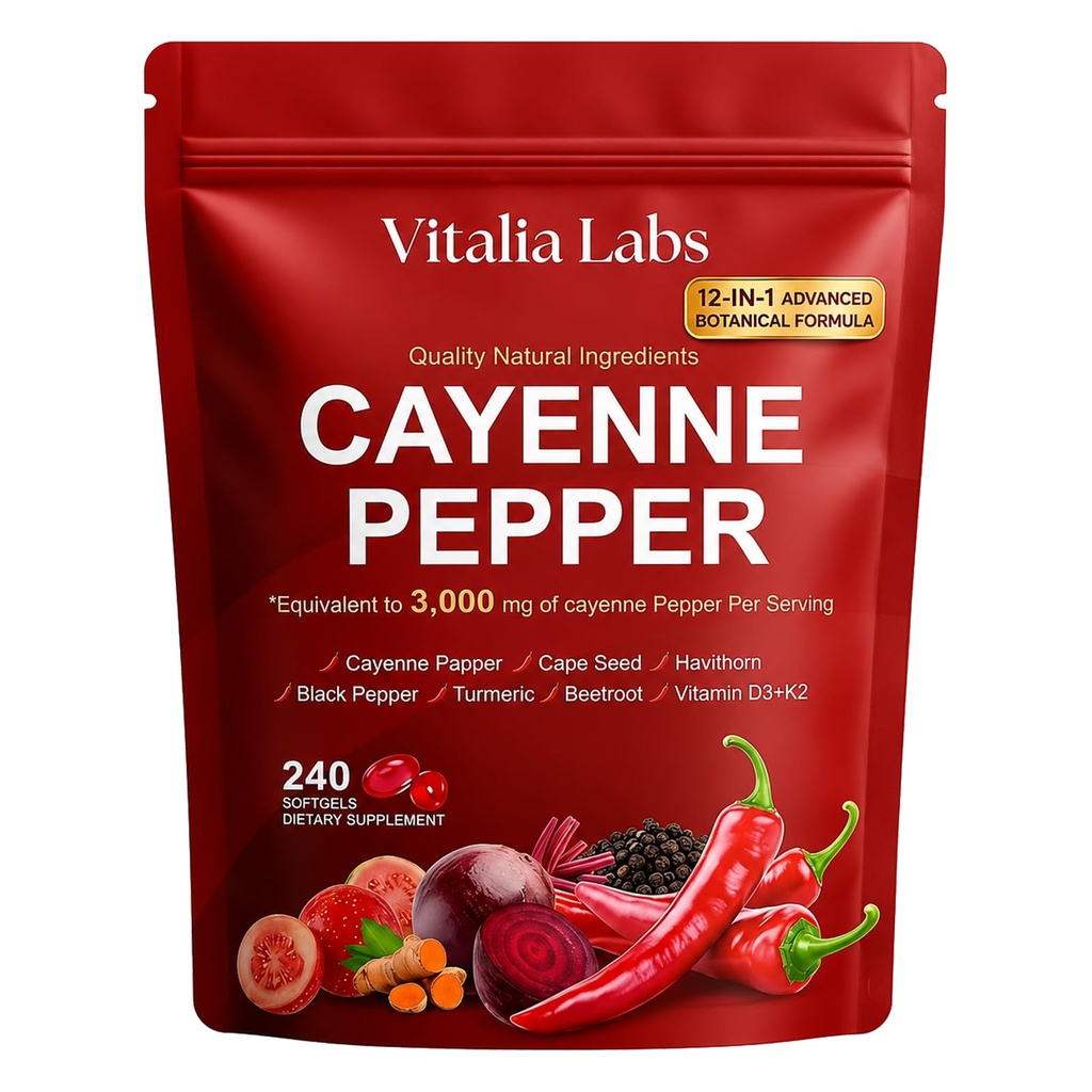 Vitalia Cayenne Pepper Softgels, 12-in-1 Formula, Metabolism Support, 1 PCS | Natural Capsaicin, with Vitamins D3, K2 and E, Digestive Comfort, Easy-Swallow, 240 Softgels