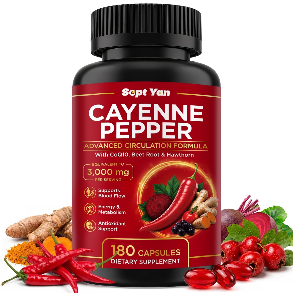 Cayenne Pepper Softgels Supplement, Cayenne Pepper Capsules 3000mg with CoQ10, Vitamins D3，K2, Beet Root, Hawthorn, Turmeric, Supports Leg Vein, Heart & Blood Vessel Circulation, 180 Count