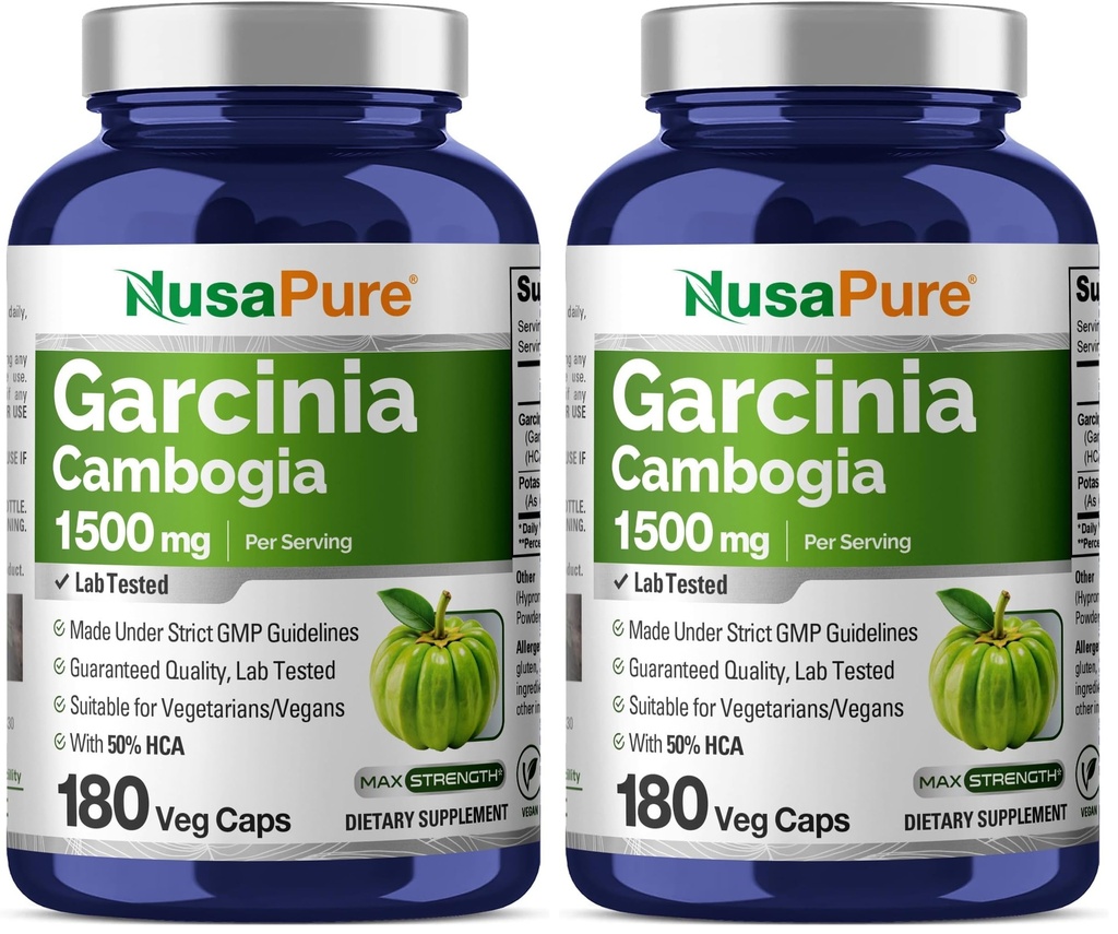 NusaPure Garcinia Cambogia 180 Veggie Capsules 1500mg (Vegetarian, Non-GMO, Vegan) (Pack of 2)