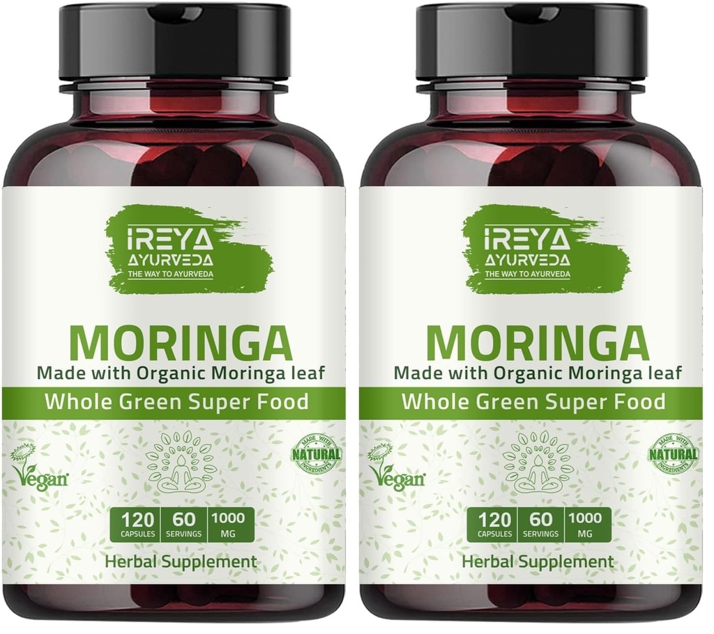 Moringa Capsule 1000 mg (120 Capsules), Moringa Powder Capsules Made from Organic Moringa Leaf Powder | Non-GMO Whole Green Super Food Nutrition 60 Days Supply (Pack of 2)