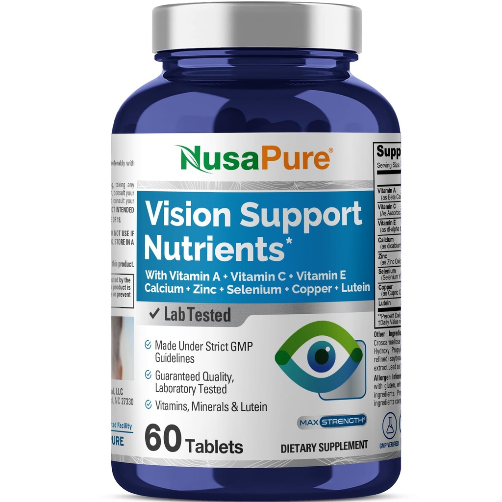 NusaPure Vision Support Nutrients, Non-GMO, 60 Tablets - 60 Servings | Dietary Supplement, Vitamin & Mineral Blend, Calcium, Zinc, Selenium, Copper & Lutein, Suitable for Adults, Made in cGMP, USA