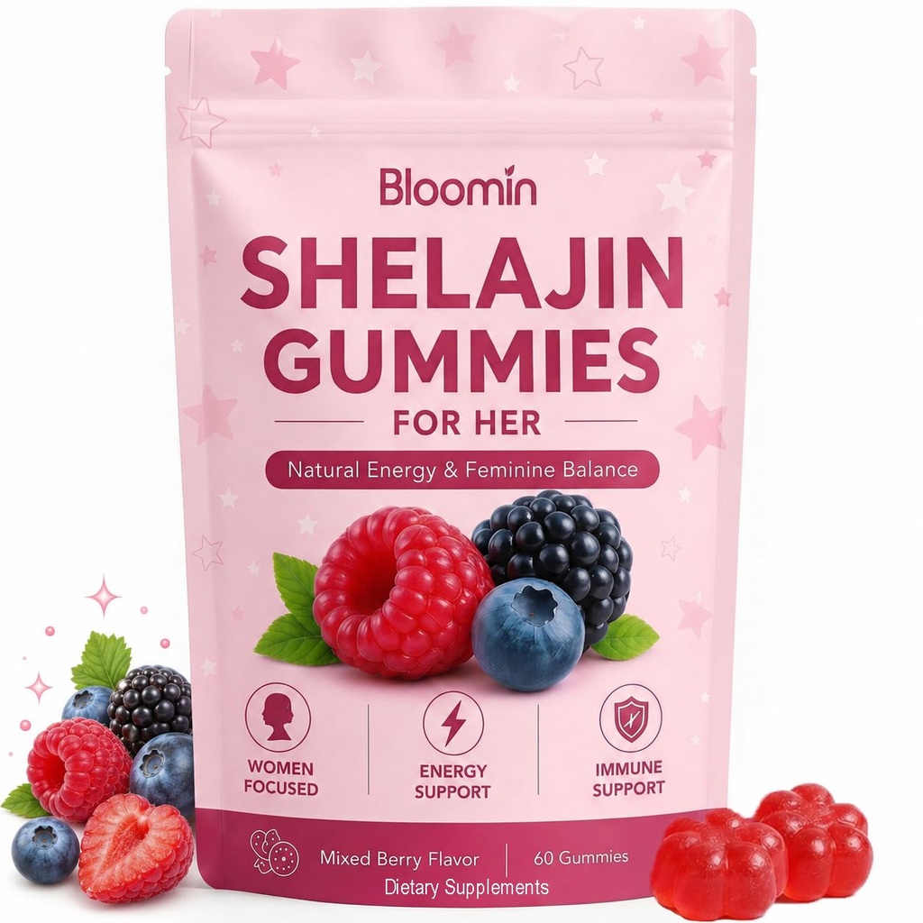 Bloomin Shilajit Gummies, 60 Gummies for Women, Support Vitality Balance, Focus, Improve Mood, Replenish Energy, with Shilajit & Saffron, Mixed Berry Flavor