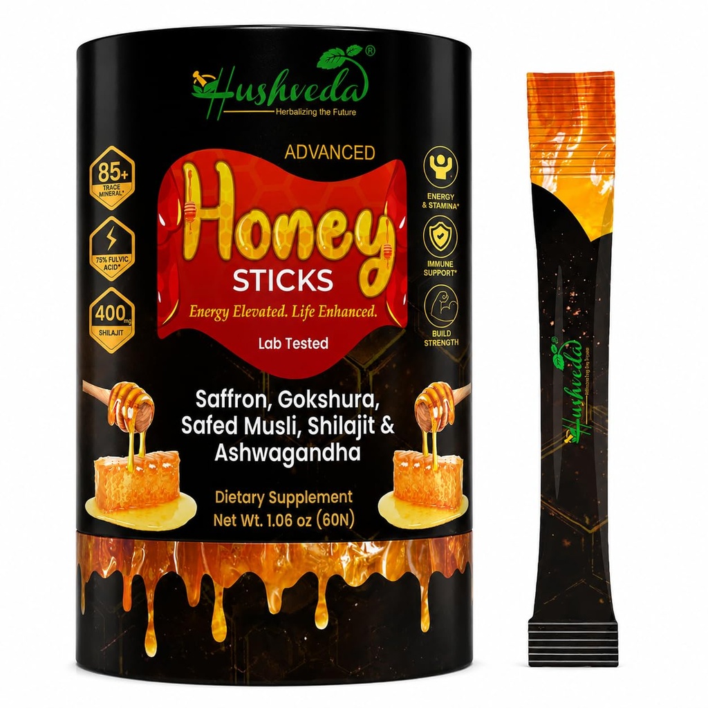 Hushveda® Honey Sticks with Shilajit, Gokshura, KSM-66® Ashwagandha, Safed Musli & Saffron | Lab Tested Daily Wellness Honey Supplement | Energy & Stamina Support | 30 Individual Honey Sticks