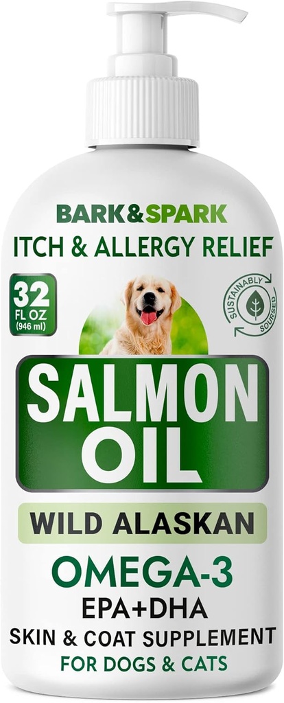 BARK & SPARK laxolja för hundar och katter - naturlig omega-3 fiskolja för hundar - hud- och rockstöd - flytande mattillskott för husdjur - EPA + DHA Fettsyror för gemensam funktion, Immune & Heart Health 32oz