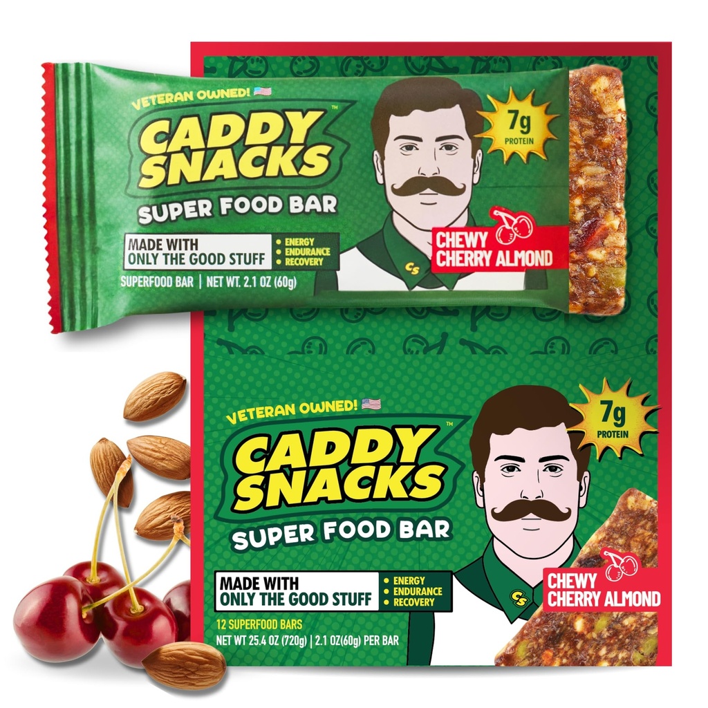 Caddy Snacks Chewy Cherry Almond – Premium Plant Based Energy Bars fHealthy Snack Bars | Meal Replacement | Vegan | Gluten Free | On-the-Go Golf Snack | 12 Count (2.1 oz)