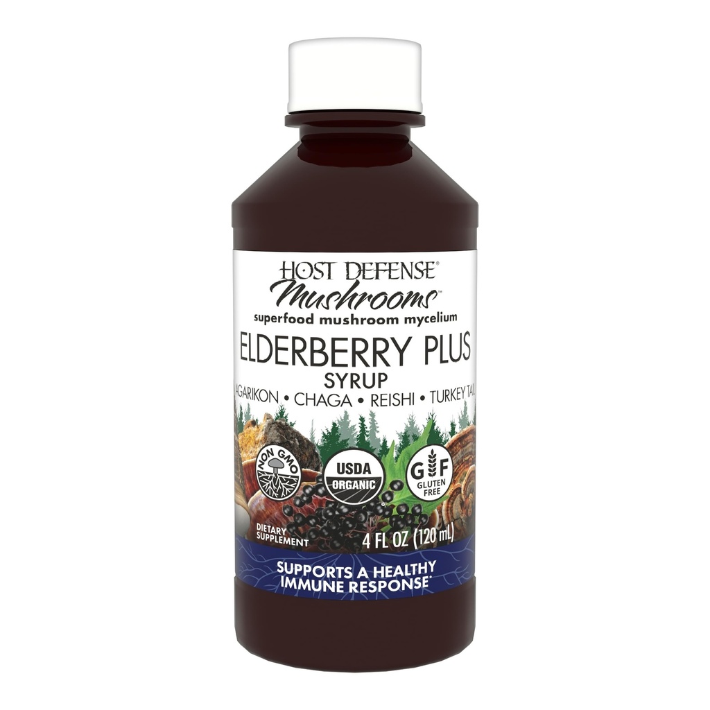 Host Defense Elderberry Plus Syrup - Immune, Respiratory & Lung Support Supplement* - Liquid Mushroom Supplement with Turkey Tail, Reishi, Agarikon & Chaga* - 4 fl oz (12 Servings)