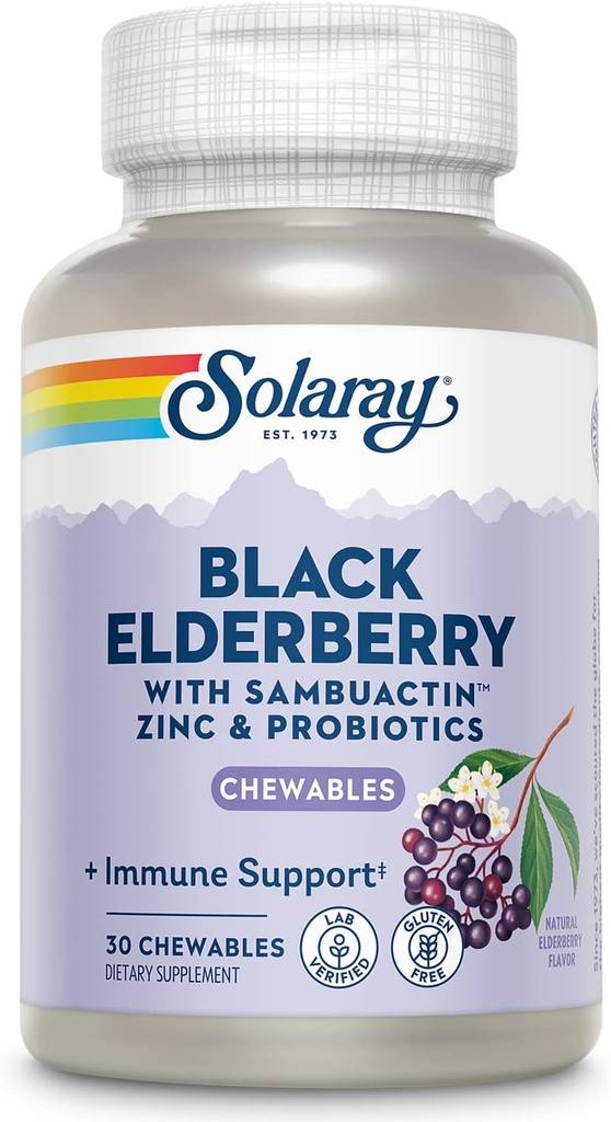SOLARAY Black Elderberry Extract dengan Zinc, Progories & Vitamin C 124; Healthy Imune System Duponds 124; 30 Chewable Tablet