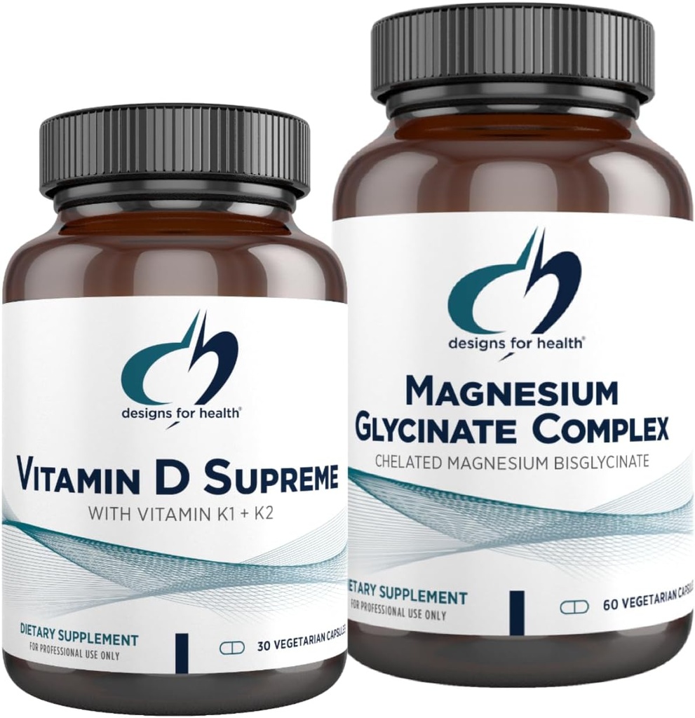 Design for Design for Health Magnesium Glycinate Complex (60 Capsules) & Vitamin D Supreme (30 Softgels Magnesium Absorpsi Tinggi dengan 5000 IU Vitamin D3 dan Vitamin K2 / K1 - Bone, Immune & Mood