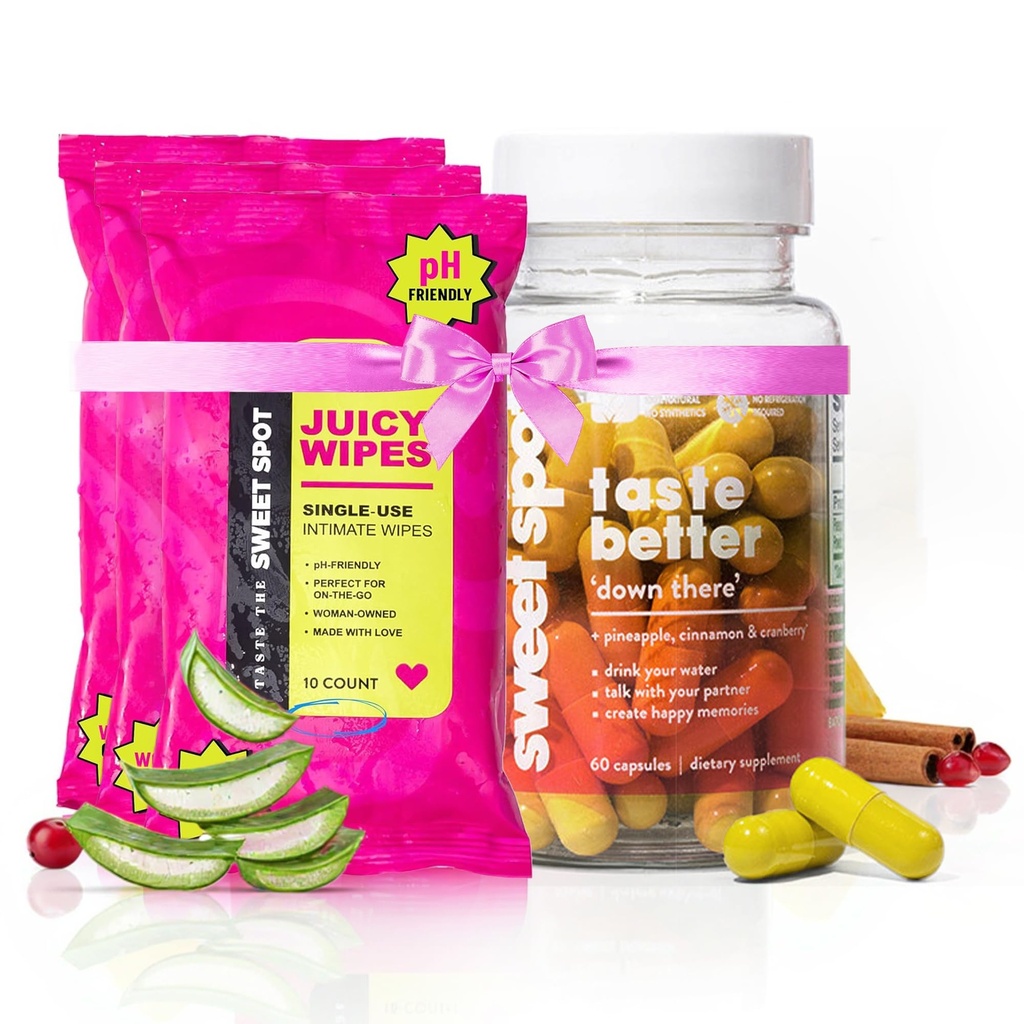 Sweet Spot Pineapple Extract Vaginal Probiotics & Flushable Feminine Wipes – pH Balance, Intimate Health Support for Women – 60 Capsules + 3-Pack of 10ct Wipes
