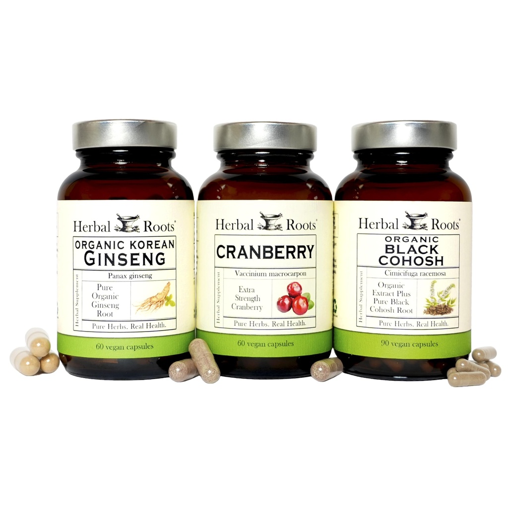 Herbal Roots Women's Peri Health Trio, Cranberry, Korean Ginseng, Organic Black Cohosh Herbal Supplements, Non-GMO