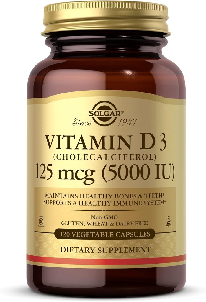 Solgar Vitamin D3 (Cholecalferol) 125 mcg (5000 IU), 120 CAPSUL - membantu mempertahankan Bones & Teeth - Imune System Dukungan - Nun-GMO, Gluten Free, Dairy Free, Kosher - 120 Servis