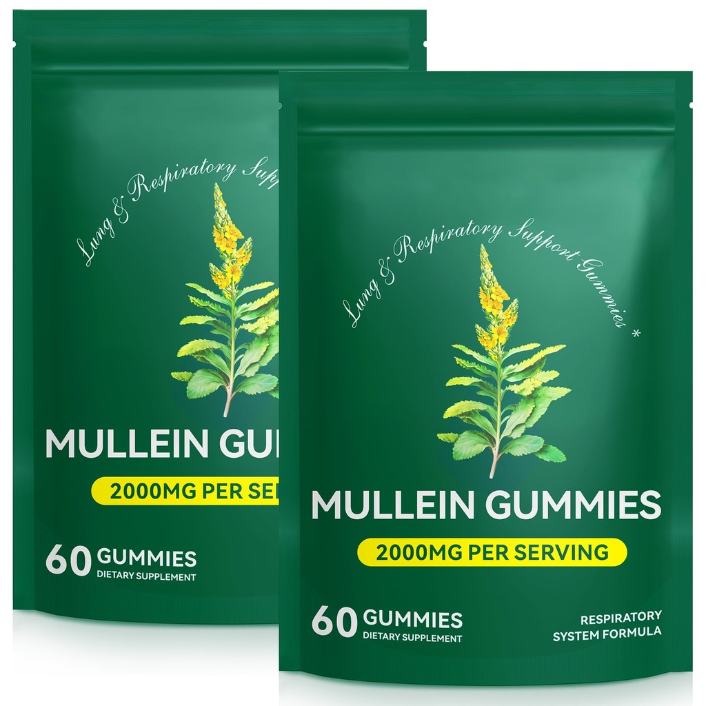 2 Bag Mullein Gummies for Lungs Cleanse, 2000mg Mullein Leaf Extract for Respiratory & Digestive & Immune Support, Natural Mullein Herbal Supplement, 120 Gummies
