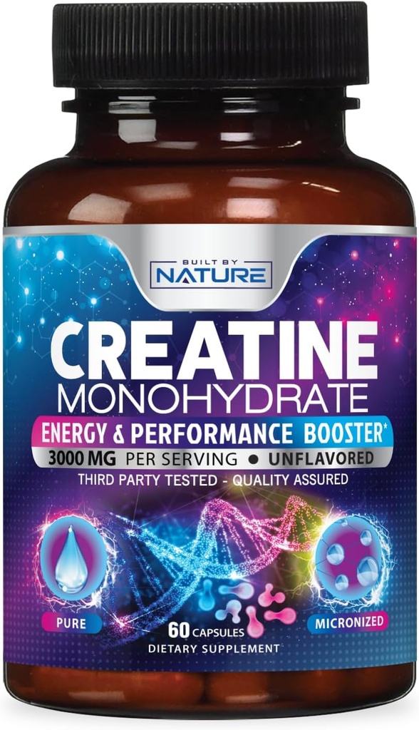 Nature Creatine Monohidrat Pills tərəfindən hazırlanmışdır - Men & Qadınlar üçün Micronized Creatine Supplement - Muscle Strength, Enerji, Endurance, və Recovery - Gluten-Free, Vegan, Non-GMO - 60 Capsules