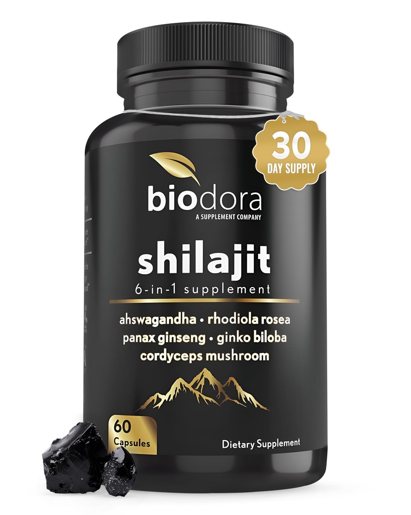 6-in-1 Shilajit Supplement 300mg, Mood and Energy Support Supplement with 60mg Pure Ashwagandha, Rhodiola Rosea Panax Ginseng for Immune Support, Memory and Focus, 85+ Trace Minerals, 60 Capsules
