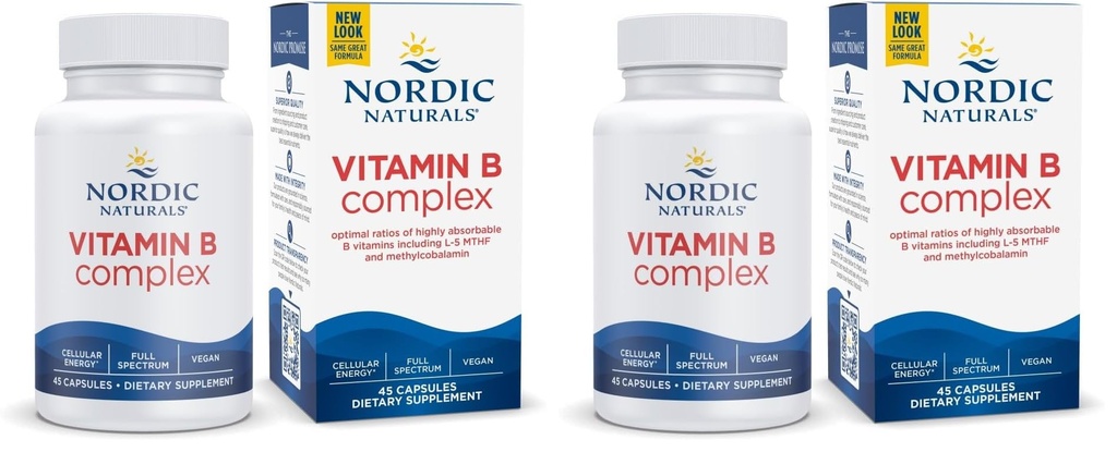 Nordic Naturals Vitamin B Complex - 45 Capsules Thiamine, Riboflavin, Niacin, B6 & B12, Folate, Biotin, Pantothenic Acid Heart Brain Health, Energy, Metabolism Non-GMO Servings (Pack of 2)