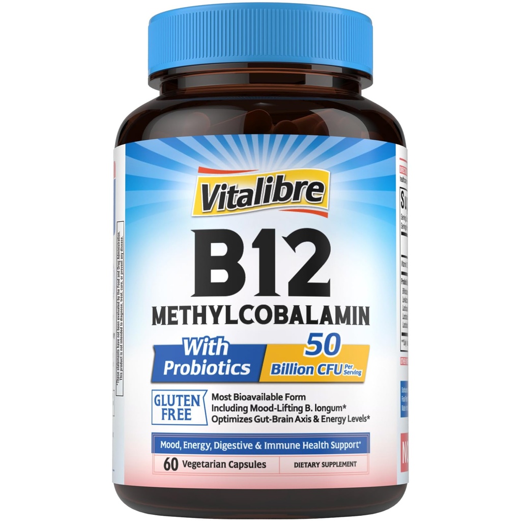 Vitalibre B12, 5000 mcg Methylcobalamin, with Probiotics 50 Billion CFU, 10 Strains, Mood, Energy, Digestive, Immune Health Support, Non-GMO, 60 Vegetarian Capsules