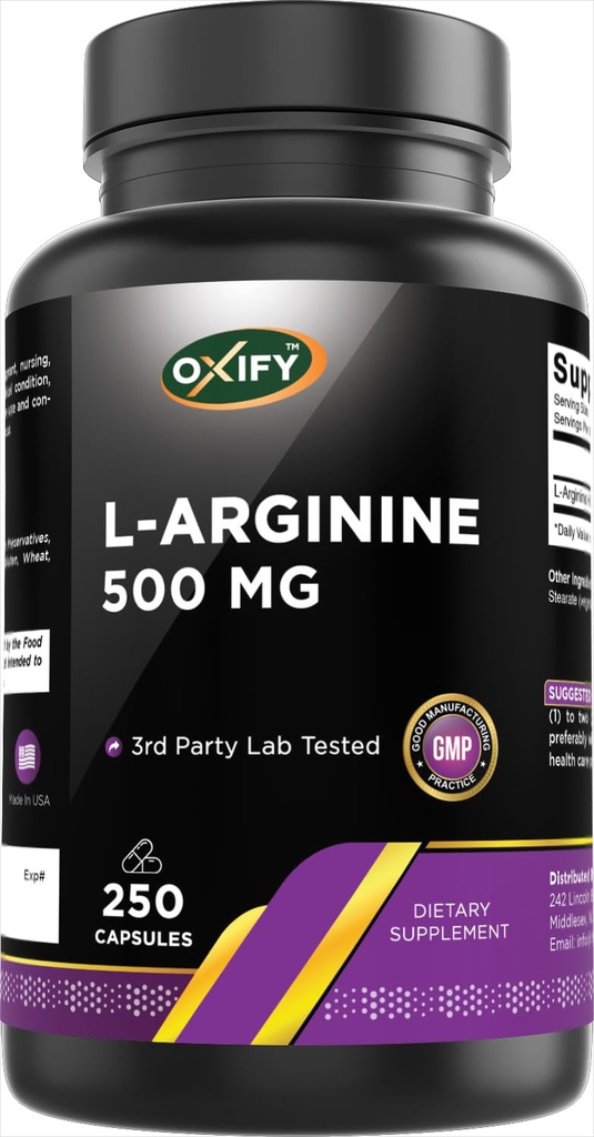 Oxify L-Arginine 500 mg | 250 Capsules | Gluten-Free, Non-GMO | Supplement Made in USA