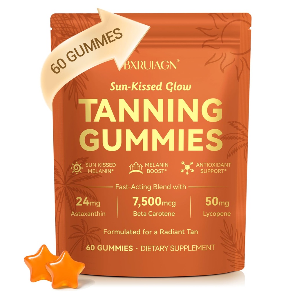 Tanning Gummies, Sunless Tanning Supplement for Women and Men, with Beta Astaxanthin, Carotene, Lycopene, Collagen & Vitamins | Skin Radiance & Hydration | Vegan & Sugar Free - 60 Count