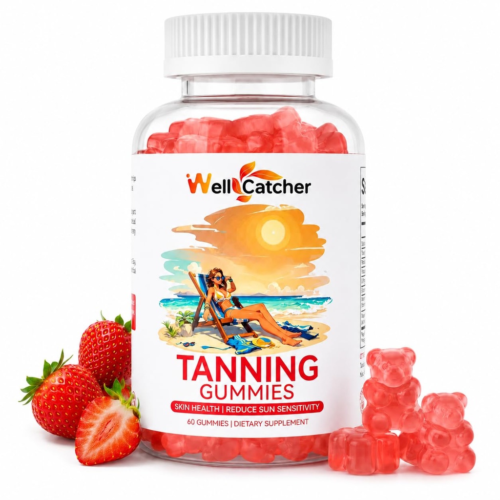 Tanning Gummies Supplement for Women Men: Daily Bronze Tanning with Astaxanthin Beta-Carotene L-Tyrosine Lycopene, Melanin Supplement for Natural Glow Skin Sun Sensitivity Strawberry Flavor 30 Days