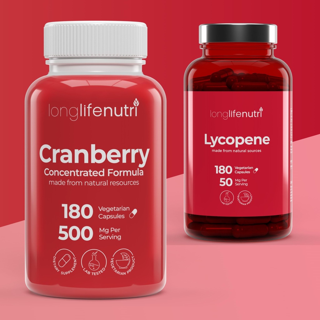 Cranberry Extract 500 mg & Lycopene 50 mg Bundle - 180 Veg Capsules Each, 6 Month Supply, Urinary & Prostate Support, Non-GMO, Antioxidant Formula, Made in USA