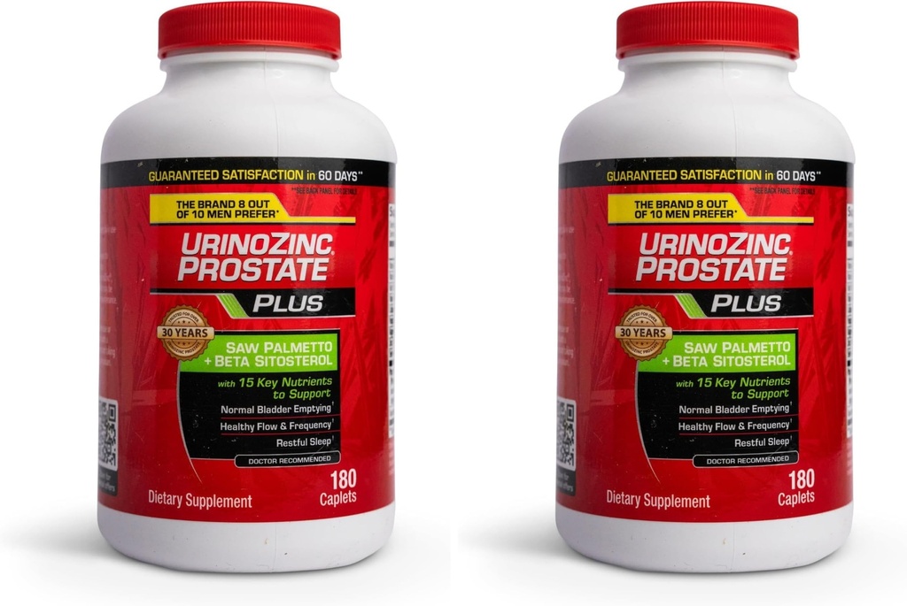 Urinozinc Plus - Prostate Supplement with Beta Sitosterol & Saw Palmetto – Reduce Frequent Urination Concerns & Support Your Prostate Health, 180 Caplets, (Pack of 2)