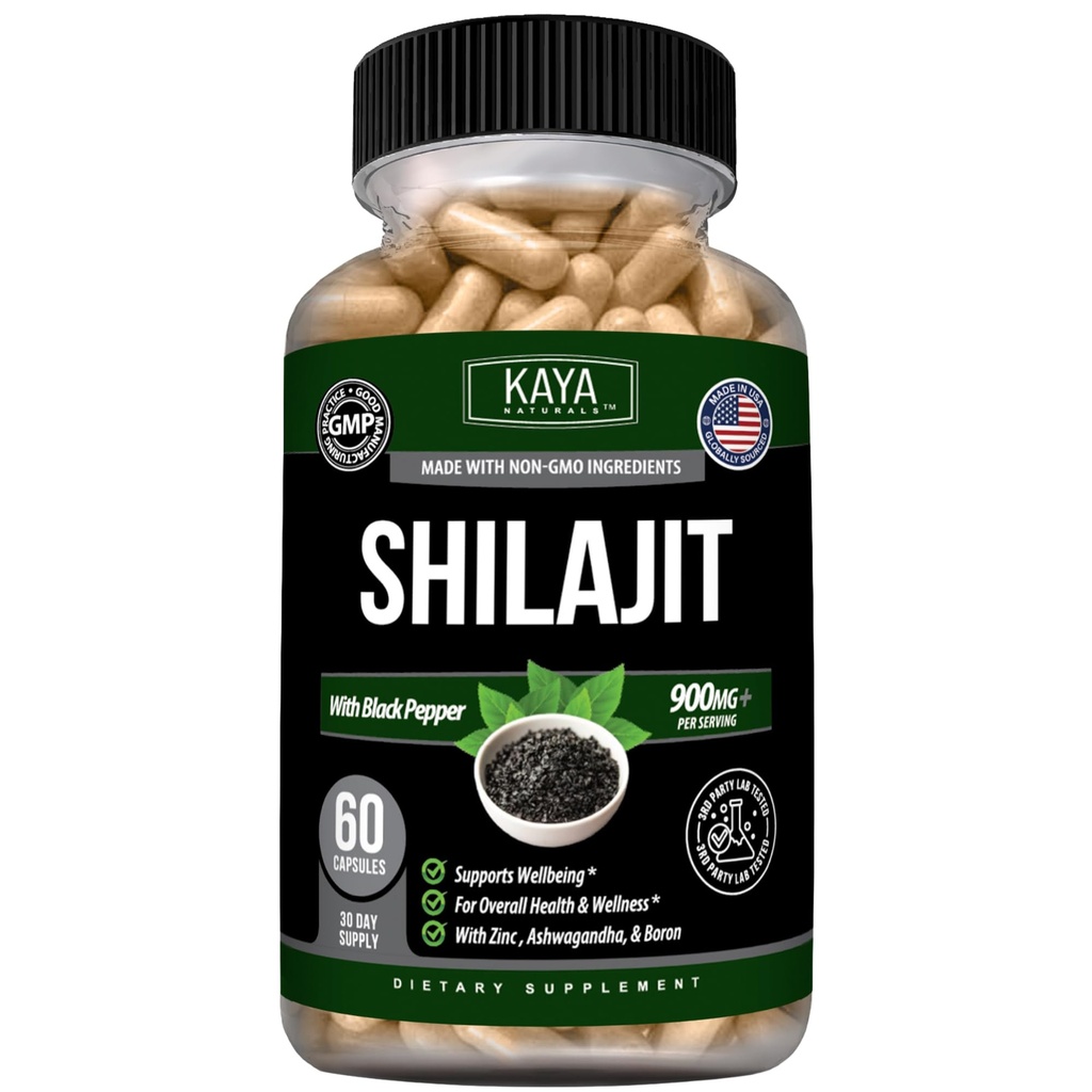 Kaya Naturals Shilajit 500 mg with Tongkat Ali & Ashwagandha, 60 Capsules | Shilajit Extract 500 mg - Tongkat Ali 200 mg, Ashwagandha 200 mg, Magnesium, Zinc & Boron, Black Pepper Extract