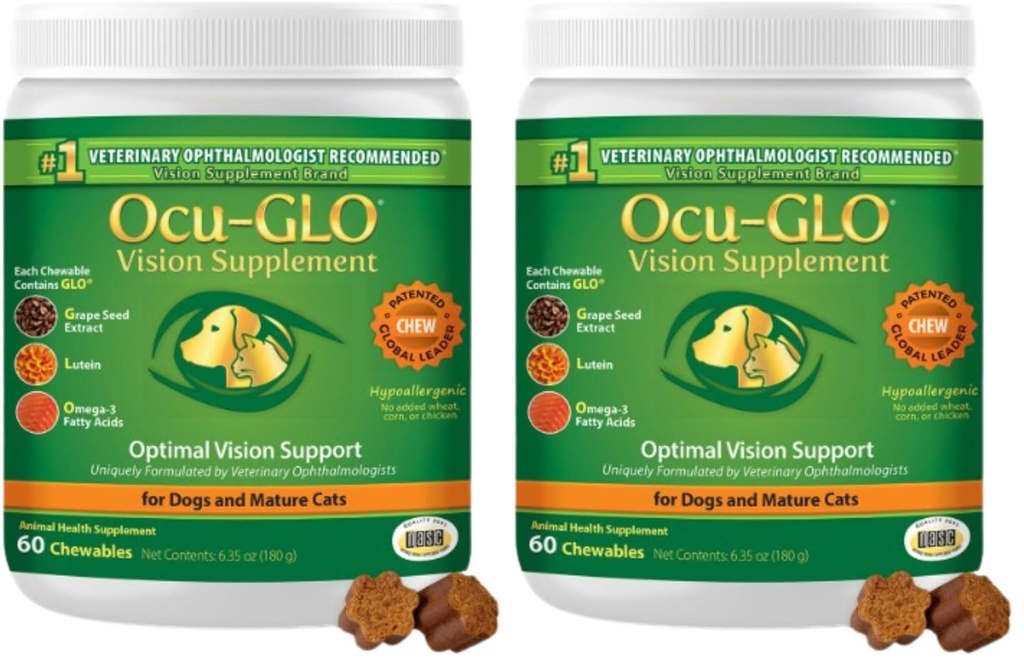 Cat & Dog Supplement for Eye Support - Chewable Vision Vitamins Supplements for Large and Small Pets Care with Lutein, Omega-3 Fatty Acids, Grape Seed Extract & Antioxidants (Pack of 2)
