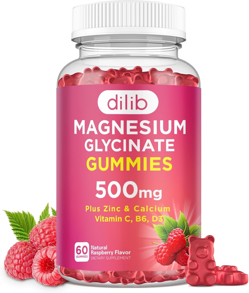 Magnesium Glycinat Gummies 500mg Magnesium Supplement med kalsium, sink, vitamin C, B6, D3-Kalm Chewable Gummies for barn og voksne-Sleep, Mood & Muscle Support-Raspberry Flavor, 60 Gummies