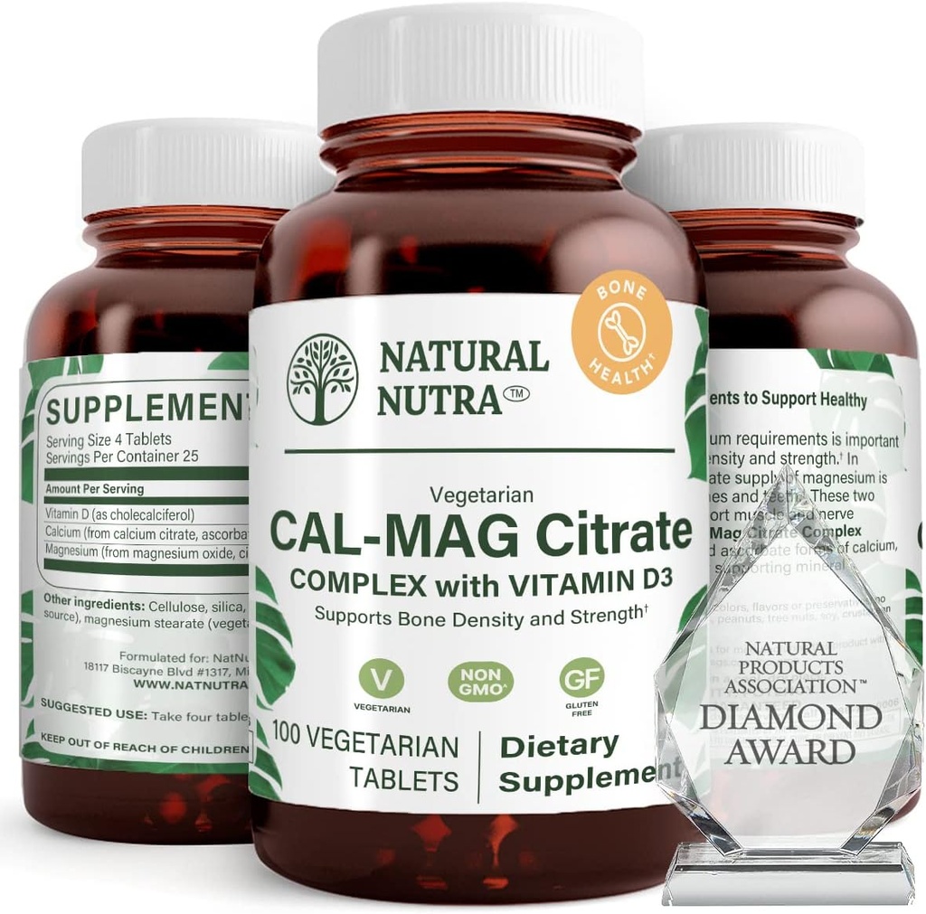 Natural Nutra Cal-Mag Citrato com vitamina D3,1000/500 mg Complexo, Fortalecer a densidade óssea, Músculo e Nervo Saúde, Ajuda a manter dentes saudáveis, Fontes altamente biodisponível, 100 comprimidos Vegan