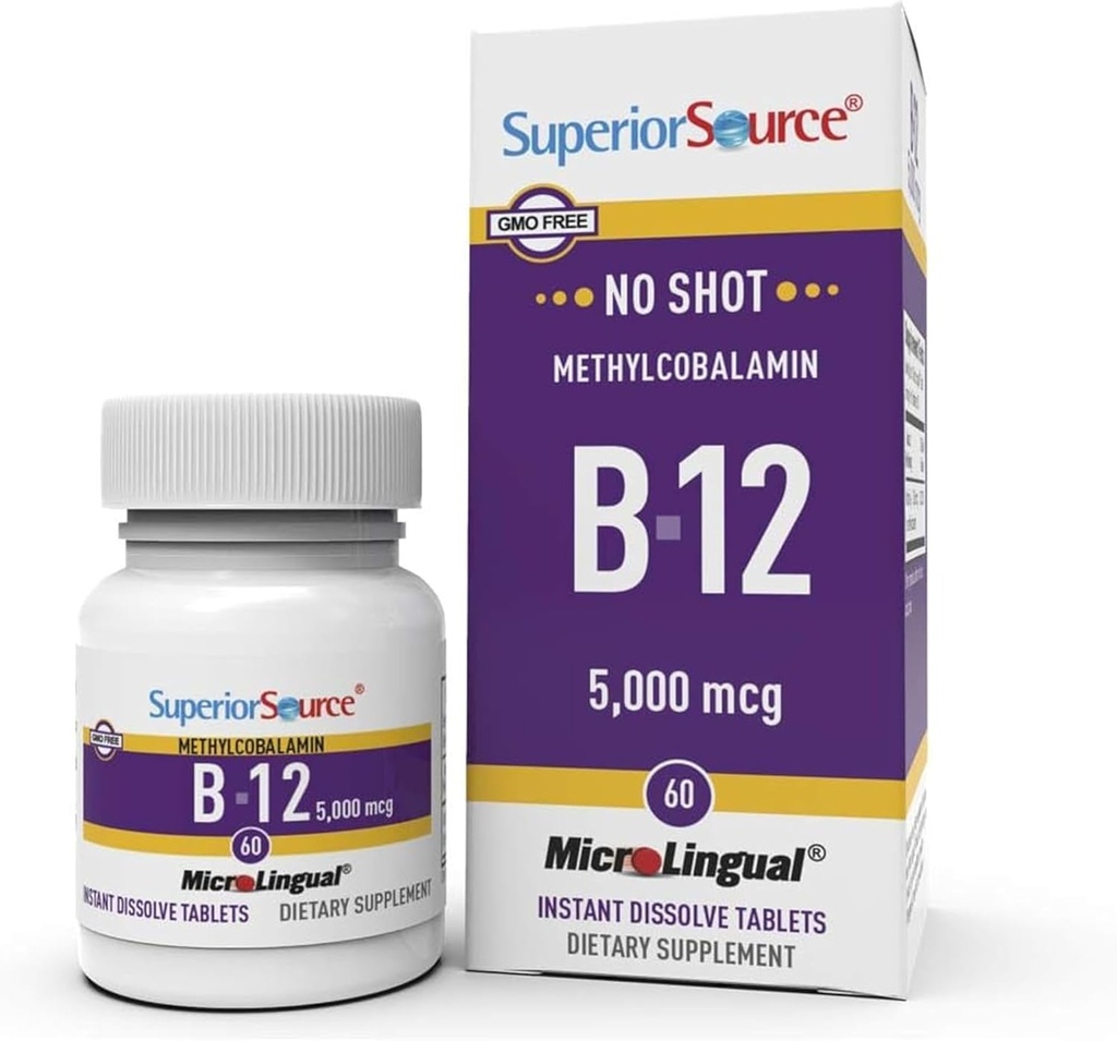 Font Superior No va disparar Metlcobalamin B-12 5000 mcg - Vitamina B-12 per donar suport a la producció d'Energia, la salut intel·lectual i en general - taula de sublingüe per a una agricultura ràpida - 60 Distribucions