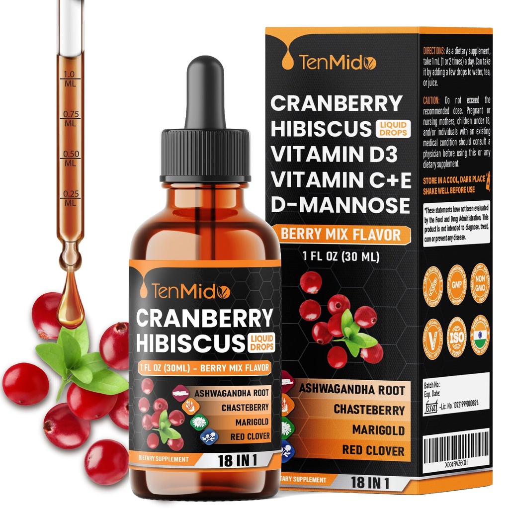 Cranberry Extract Liquid for Women - 18in1 with D-Mannose & Probiotics, Hibiscus, Chasteberry, Ashwagandha, Marigold, Red Clover, Dong Quai and More - 1 Fl Oz