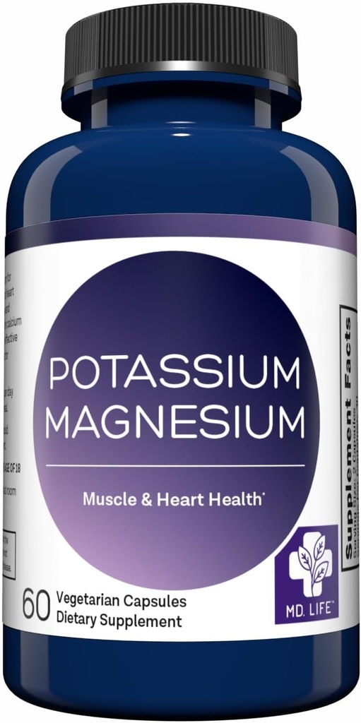 MD. Life Kalium Magnesium Supplement - 60 kapsler - Høj Absorption Magnesium Complex - Kalium supplement til støtte vaskulær sundhed & ben krampe