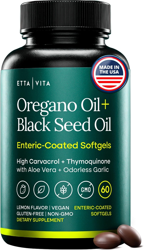 Oil of Oregano with Black Seed Oil, Enteric Coated Vegan Softgels, No Burps | High-Carvacrol Oil of Oregano with Black Seed Oil, Thymoquinone, Allicin & Aloe Vera - Supports Immunity & Gut Health, 60ct